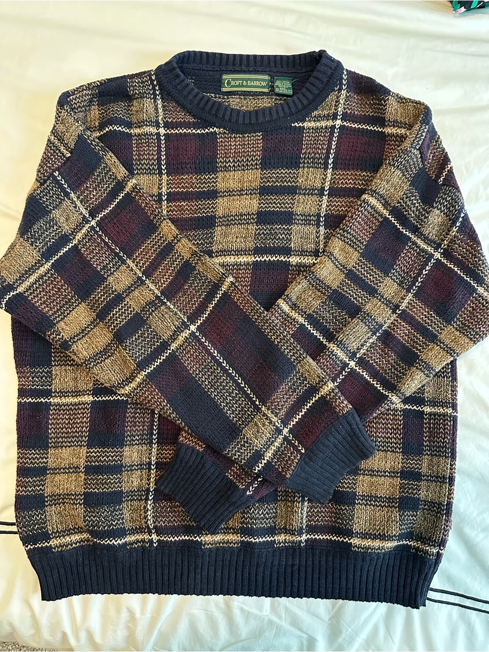 croft & barrow Navy, Tan & Burgundy Plaid Crewneck Sweater